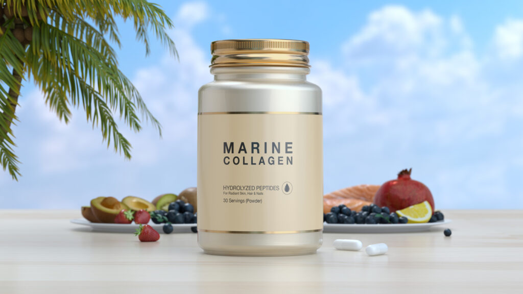 Marine Collagen Supplement Bottle With Capsules On Clean Surface