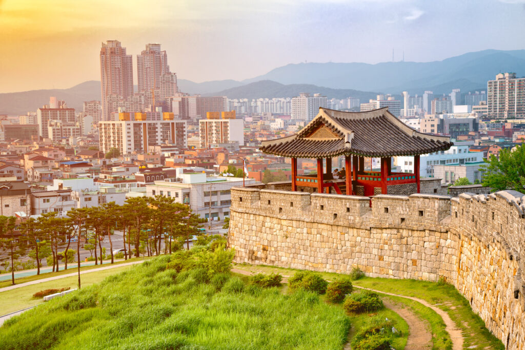 Sunset Of Hwaseong Fortress Is A Joseon Dynasty That Surrounds The Centre Of Suwon City,south Korea.
