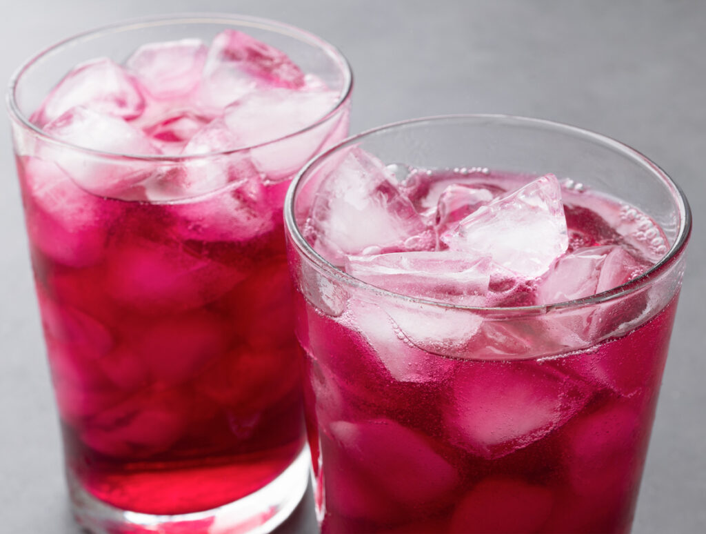 Grape Soda, Soft Drink In Cups With Ice, classic soda flavor